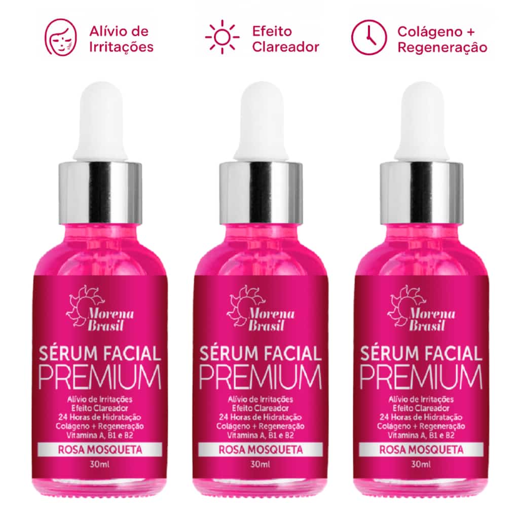 3X Sérum Rosa Mosqueta + 3% Ácido Hialurônico + Colágeno + Vitamina A, B1 e B2 | Morena Brasil ☀️