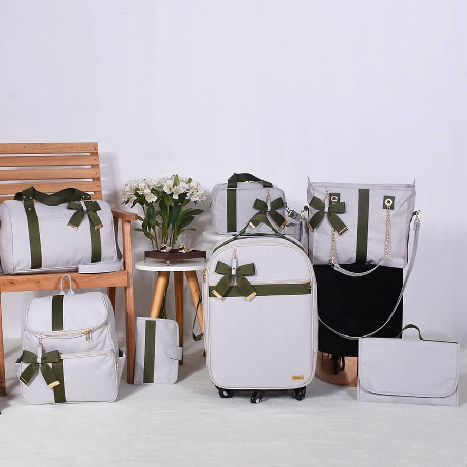 Kit Bolsa Maternidade Linho Off/Verde - 07 Peças