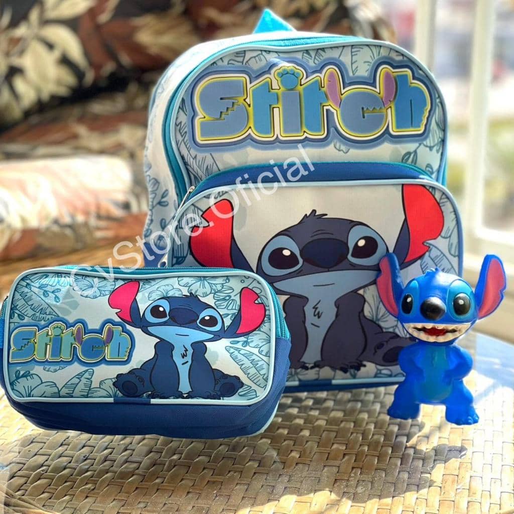 Kit 3 Peças Mochila, Estojo Duplo E Boneco Emborrachado Infantil Lilo & Stitch SUPER PROMOÇÃO Escolar Grande De Costas 2 Zíperes Compartimentos Escola Escolinha Creche Desenho Animado Personagem De Borracha Aventureiro Conjunto Material Volta As Aulas