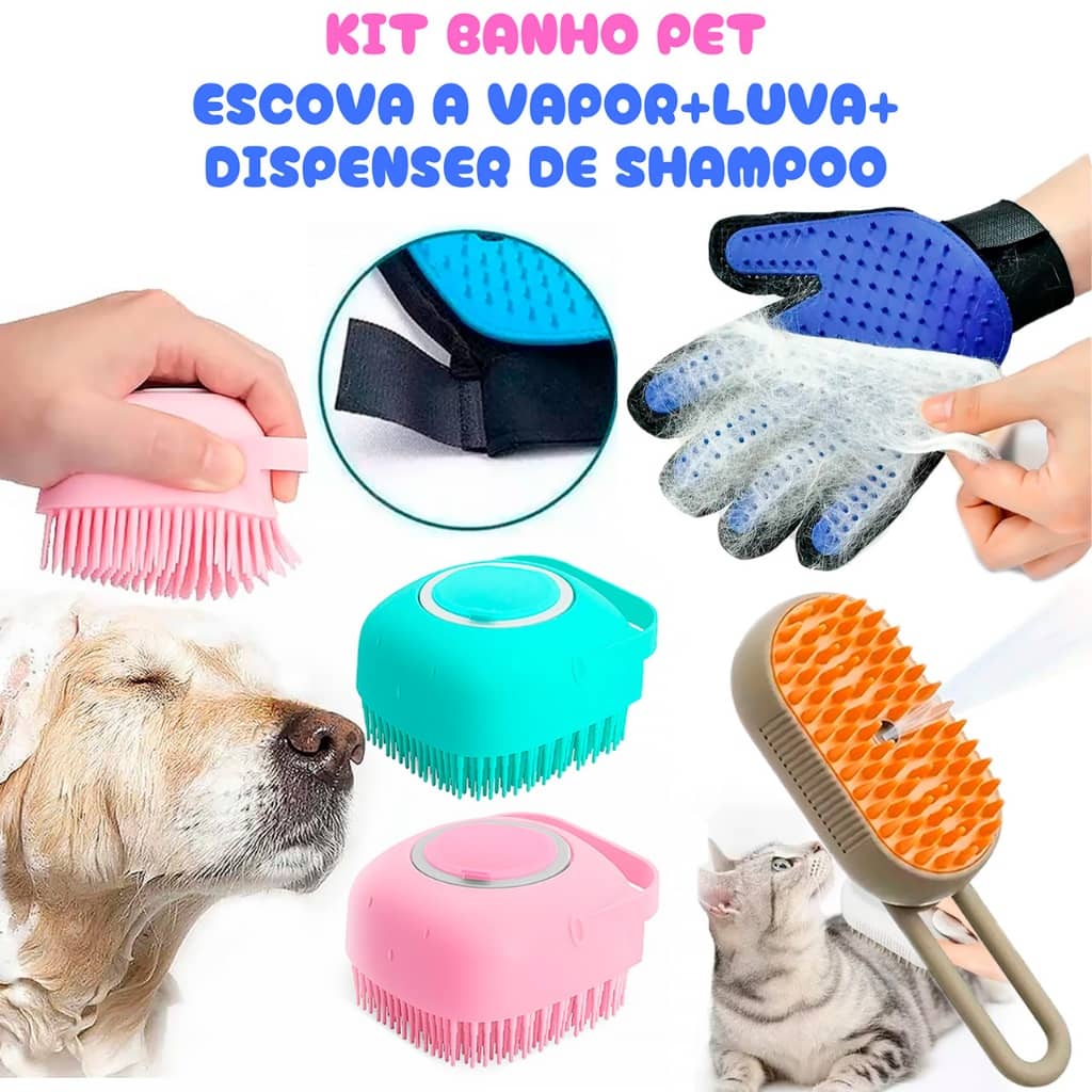 KIT 3 Banho Pets Escova à Vapor Pets+Porta Shampoo+luva Rasqueadora Tira Pelos Banho pets em casa
