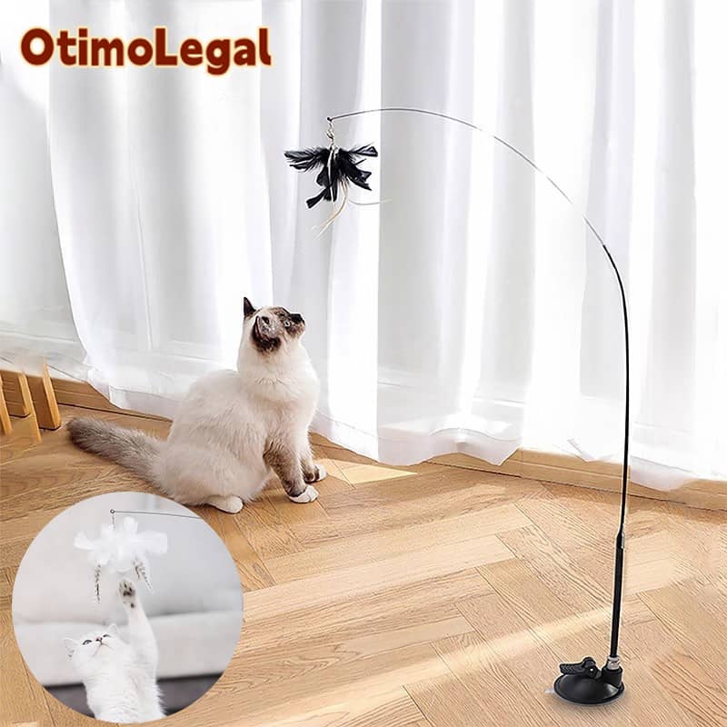 Varinha Interativa para Gatos com Ventosa - Pena de Pássaro e Base Fixa