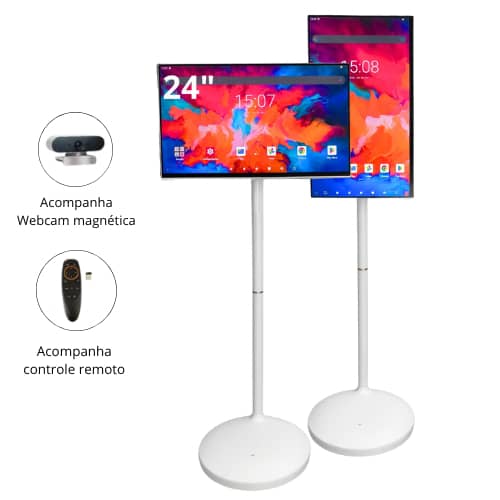 Tela Interativa Touchscreen 24″ Webcam Pedestal Modo Retrato/Paisagem Sem Fio Para Autoatendimento