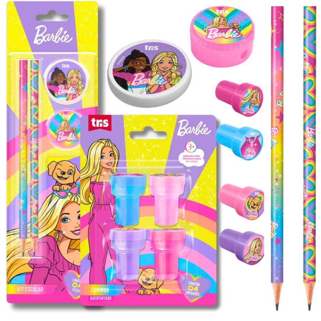 Kit Escolar Barbie Papelaria Criativa Material Escolar Completo Para Meninas 8 Peças Lápis Borracha Apontador E Carimbos