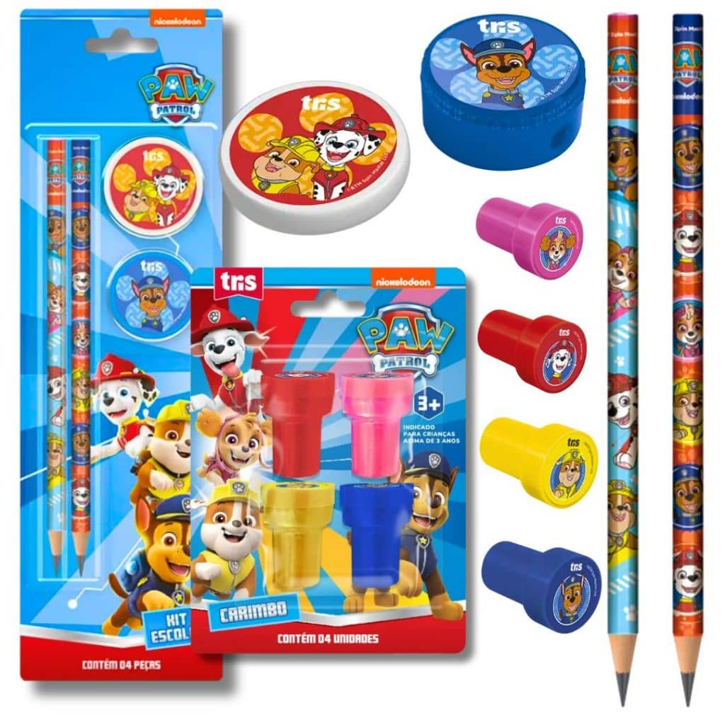Kit Escolar Completo Patrulha Canina Lápis Apontador Borracha Carimbo- Material Escolar
