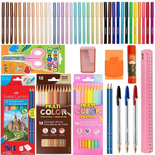 Kit 82 Peças Material Escolar Lapis Cor Faber Castell Hidrocor Pastel Tons de Pele Promoçao Presente