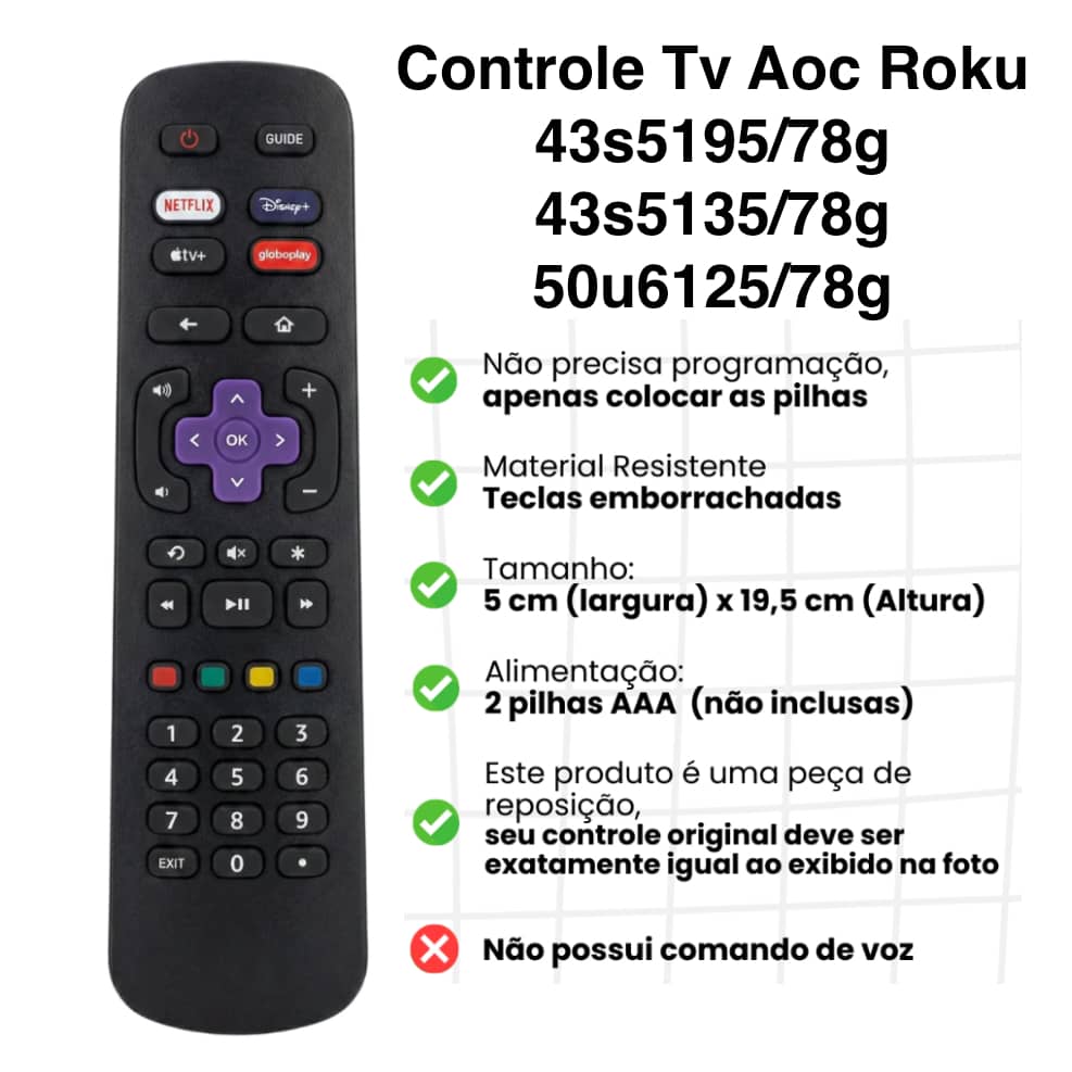 Controle Remoto TV Smart AOC Roku 32S5195/78G 43S5195/78G Netflix GloboPlay DAZN Deezer 9091