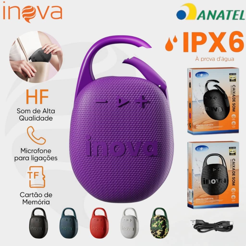 INOVA Caixa de Som Clip Bluetooth Mini 5W IPX6 Resistente à Água, Gancho e Grave Potente