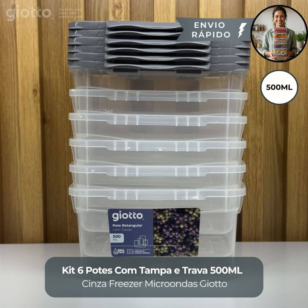 Kit 6 Potes Com Tampa e Trava 500ML Cinza Hermetico Fitnes Freezer Microondas Marmitas Giotto