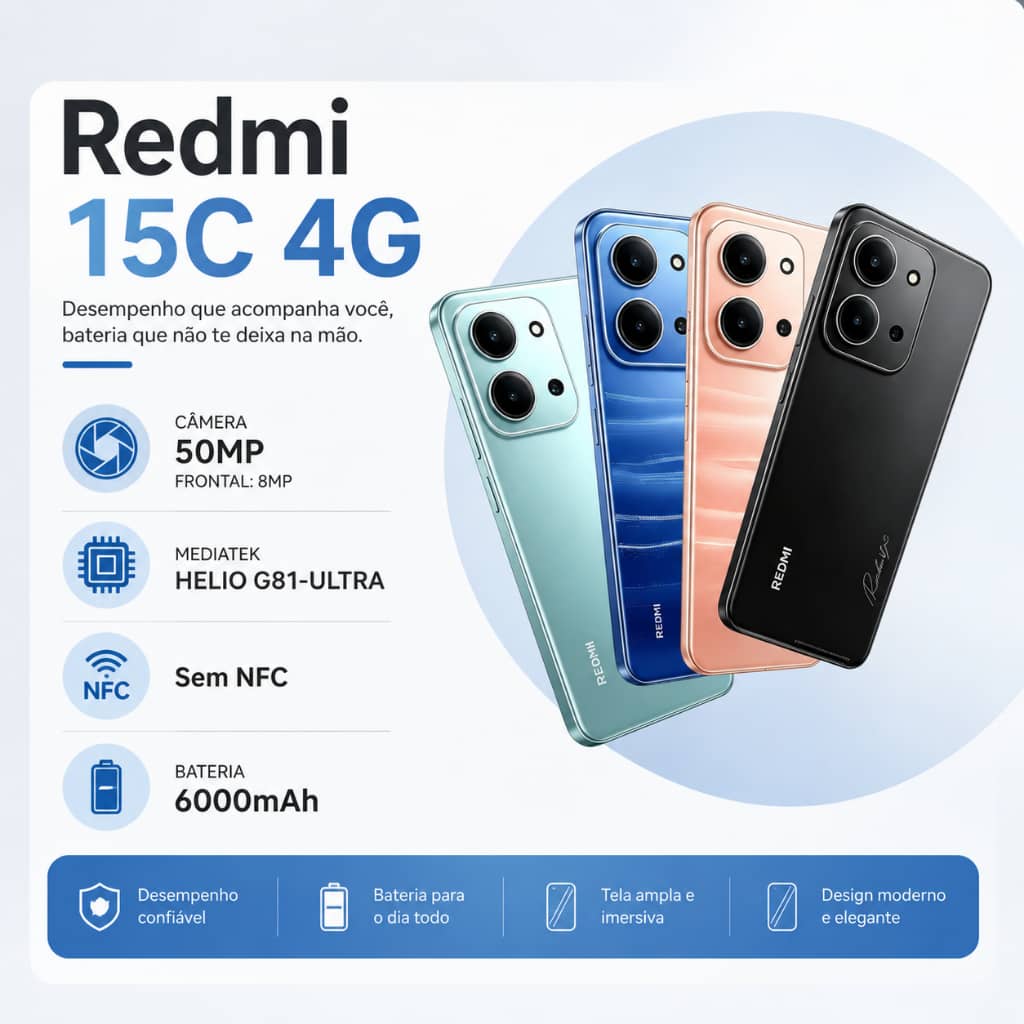 Redmi 15C 4G 256GB+8GB Smartphone Câmera 50MP Bateria 6000mAh Proteção IP64 Dual SIM Celular Desbloqueado Global Version