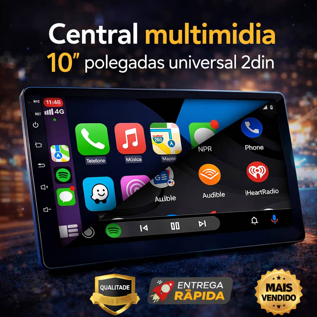 Central Multimídia 10” Android 15 / 2+32GB CarPlay + Android Auto Sem Fio GPS Wi-Fi Bluetooth 2 Din