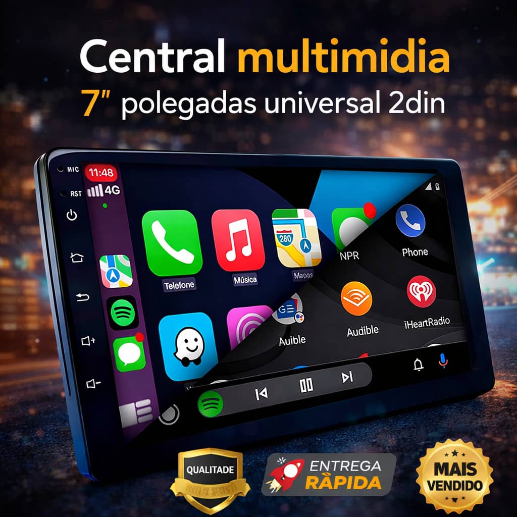 Central Multimídia 7” Android 15 / 2+32GB CarPlay + Android Auto Sem Fio GPS Wi-Fi Bluetooth 2 Din