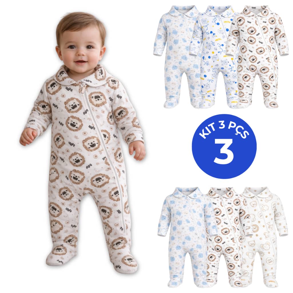 Kit 3 Macacão Longo Bebê Ribana Estampada Algodão com Zíper Menina Menino Enxoval Maternidade