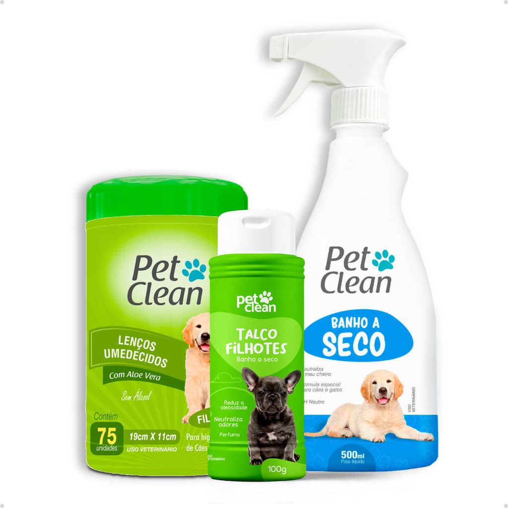 Kit Banho a Seco sem Enxágue Pet Clean 500 ml Talco Pet Clean 100 g Lenço Umedecido Pet Clean 75unid