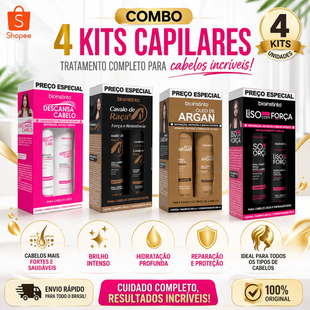 Kit 4 shampoo e condicionador para todos os tipos de cabelos na promoção oferta relampago hoje
