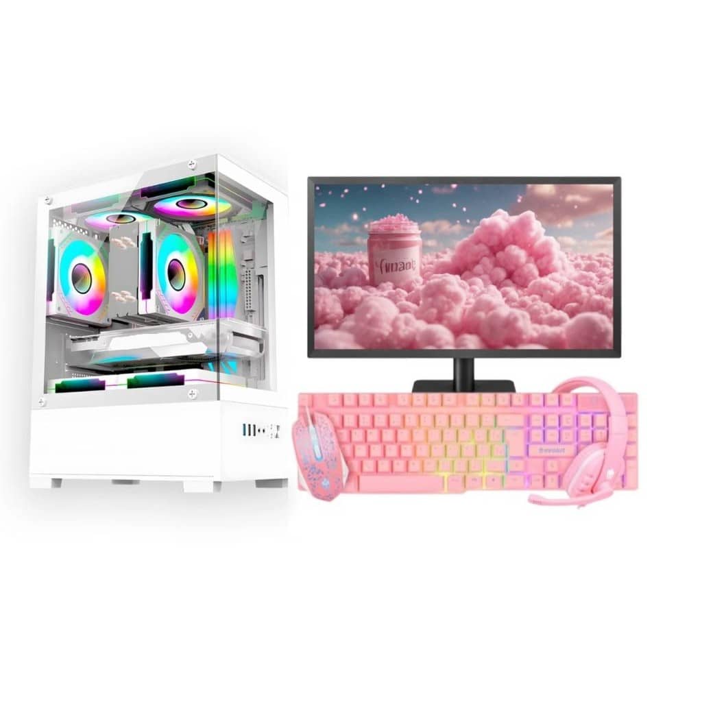 PC Gamer Branco/Rosa Completo Intel i5 Memoria Ram 16GB RTX 3050 Monitor Teclado Mouse Headset
