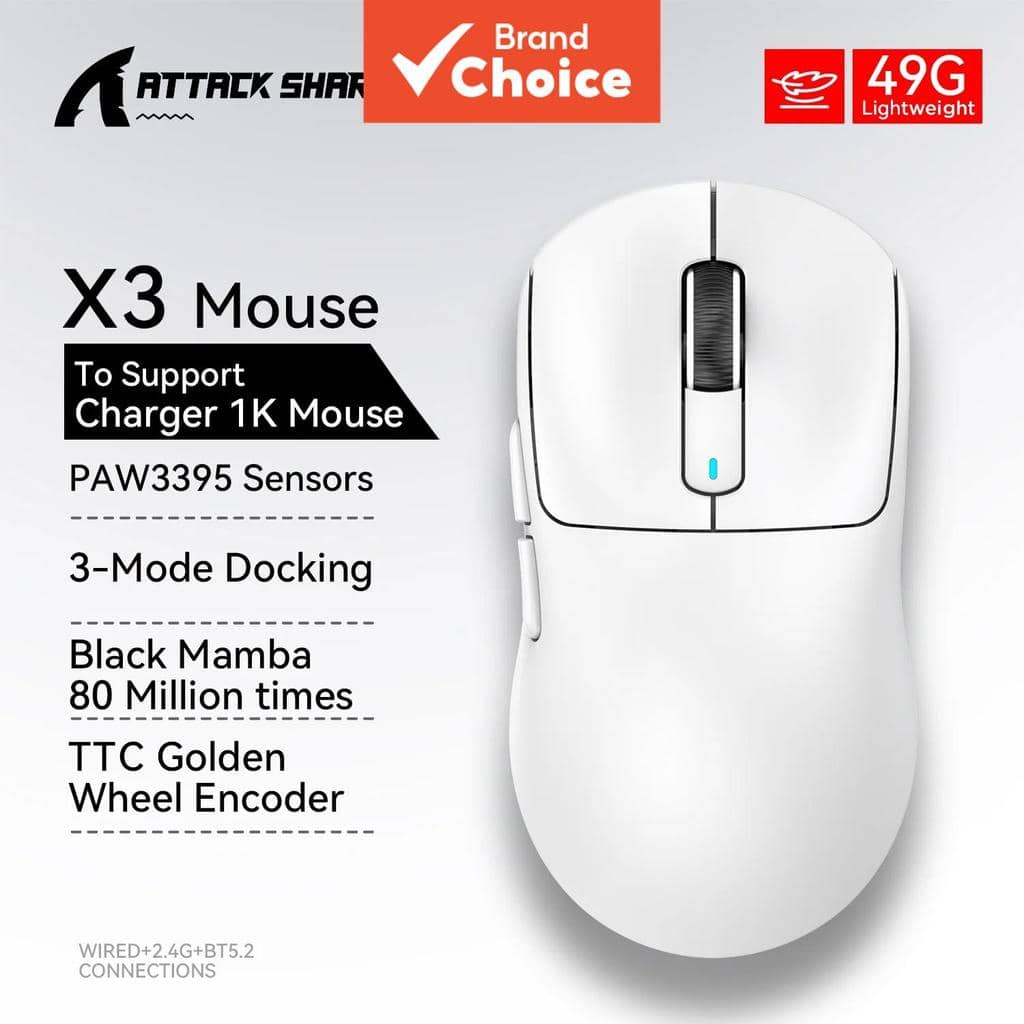  Mouse Gamer Sem Fio Attack Shark X3, 26K DPI, Sensor PAW3395, Taxa de Polling Tri-Modo, Ultra-Leve, Botões Programáveis