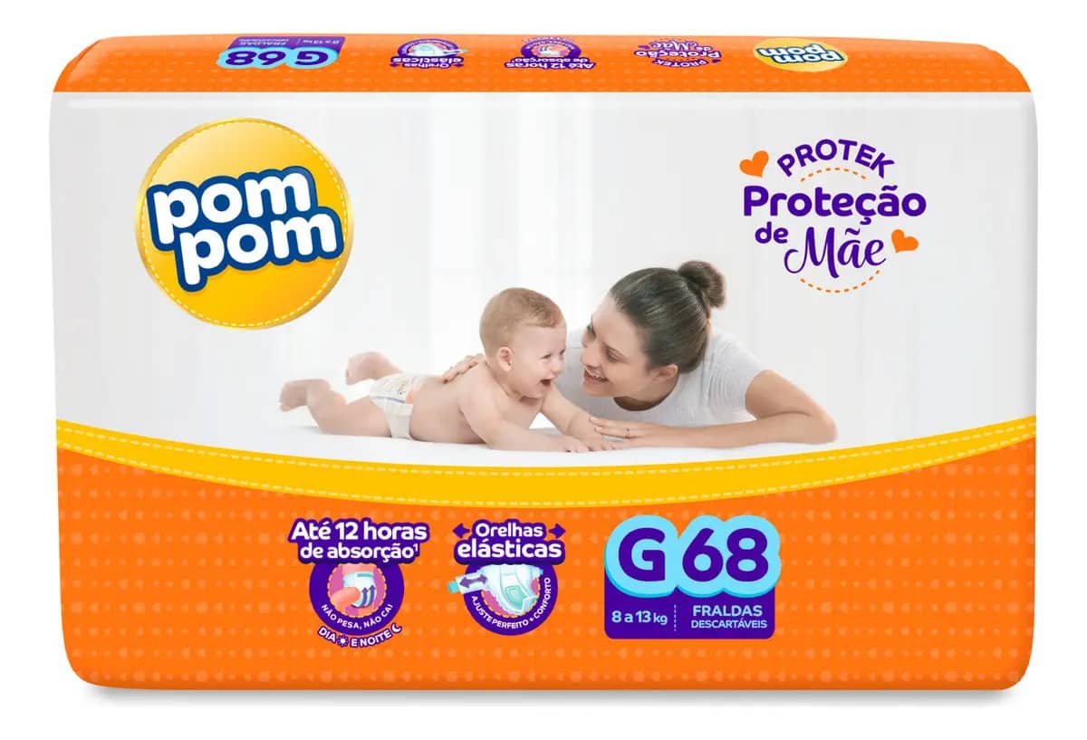 Fralda Pom Pom Protek Proteção de Mãe G com 68 Unidades