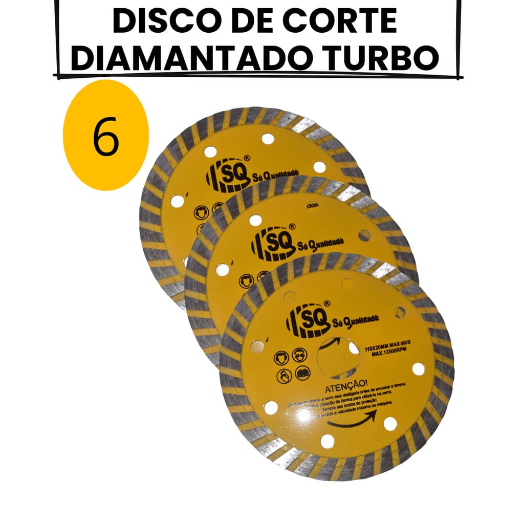 KIT 6 DISCO DE CORTE DIAMANTADO TURBO 110X20MM  AMBIENTES SECOS E MOLHADOS CORTA PEDRA CERAMICA CONCRETO GRANITO TELHAS