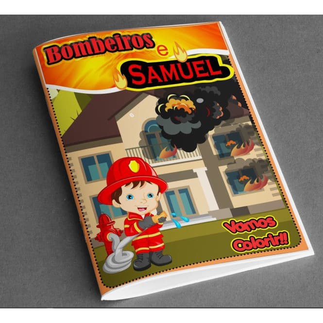 Kit de revista + livro de colorir para lembrancinha de festa de aniversário com apenas livro ou livro e caixa de giz contendo 5 mini giz de cera e livro com 10 desenhos personalizados no tema Bombeiro