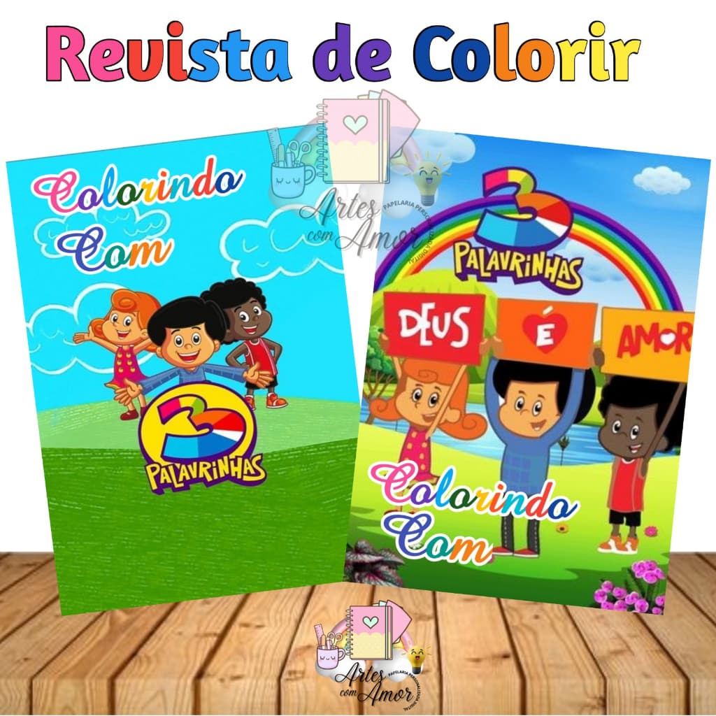 Kit de revista + livro de colorir para lembrancinha de festa de aniversário com apenas livro ou livro e caixa de giz contendo 5 mini giz de cera e livro com 10 desenhos personalizados no tema 3 três palavrinhas