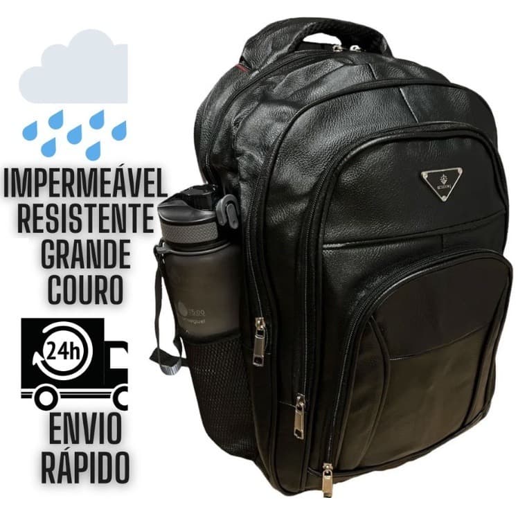 Mochila De Couro Grande Média Impermeável Trabalho Faculdade Preta