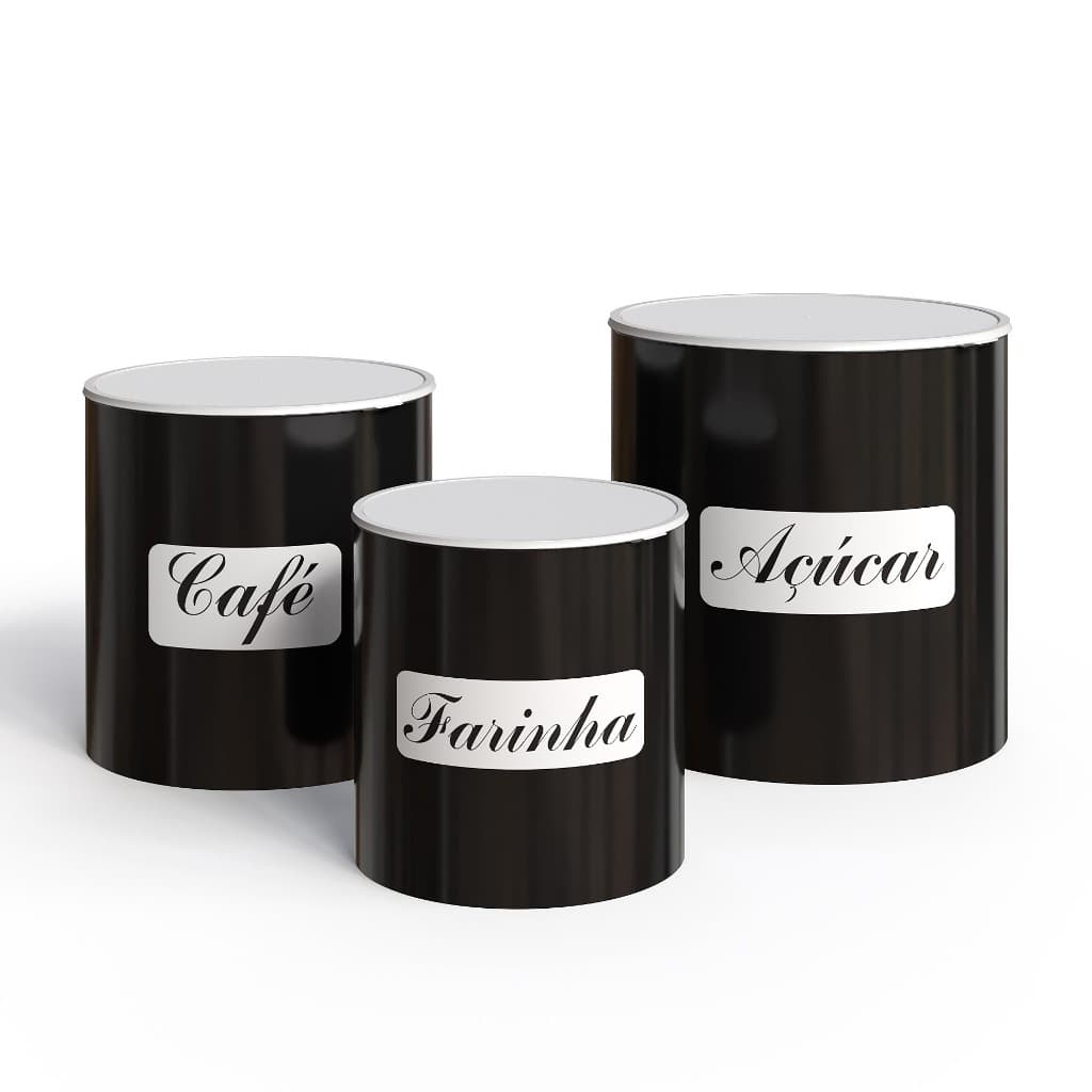 Trio de Potes Para Mantimentos Cozinha Preto Plástico Prático