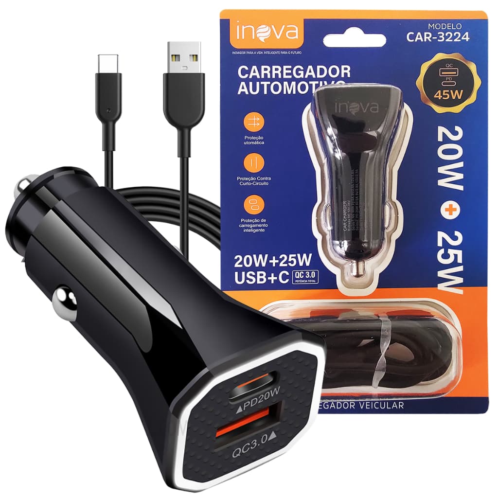 Carregador Veicular USB Com Cabo Incluso Ultra Rápido Turbo Inova