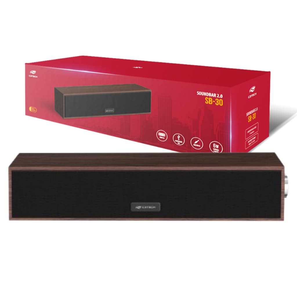Caixa de Som Soundbar USB P2 30cm Acabamento em Madeira Potente 6W Rms para Computador Notebook Tv