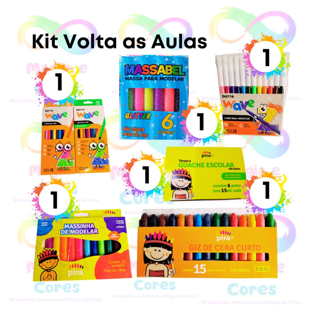 Kit Volta as Aulas. Tinta Guache, Lápis de Cor, Massinha c/ 12, Canetinha, Giz de Cera, Massinha c/ Glitter.
