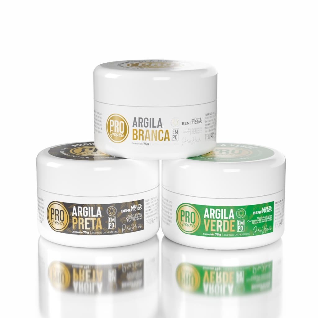 Máscaras Faciais Argila Verde, Branca e Preta Antioleosidade Pro Growth