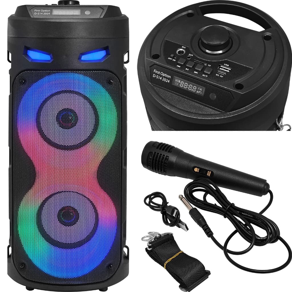 Caixa de Som Gigante com Microfone Karaokê Bluetooth Portátil Rádio Cartão de Memória Preta LED