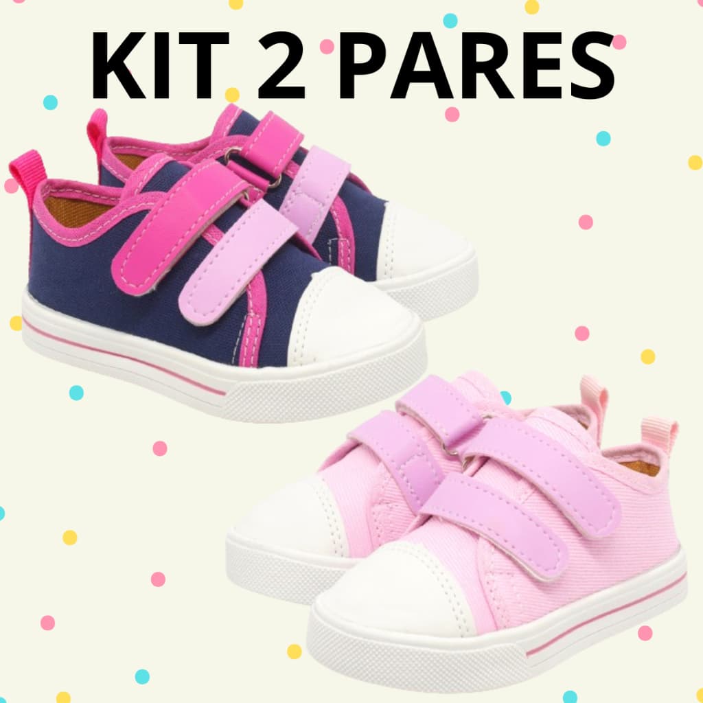 Kit 2 Pares Tênis Infantil Menina Escolar Volta as Aulas Confortável Antiderrapante Fecho Rápido