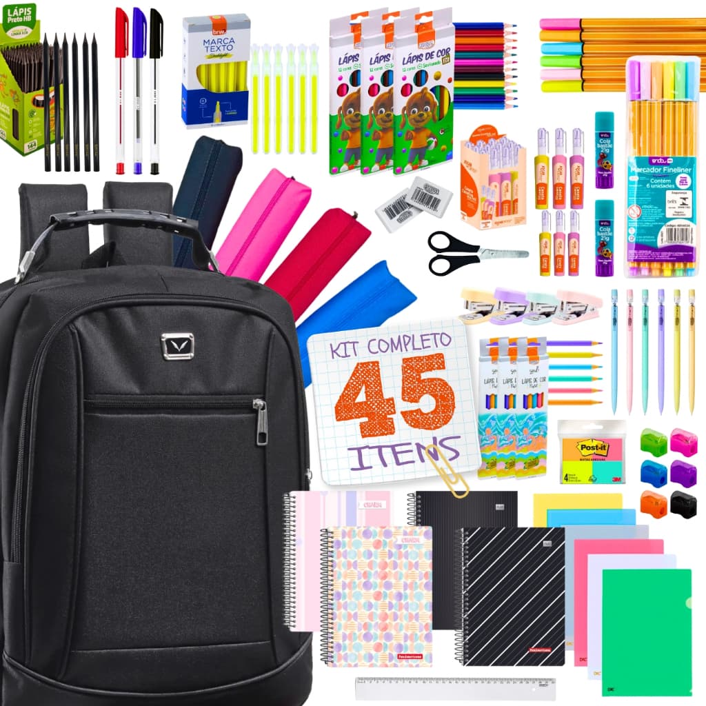 Material Escolar Kit Completo Mochila com Cabo de Aço Porta Notebook Ensino Fundamental Médio Facul