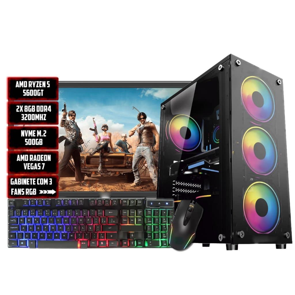 PC Líder Gamer AMD Ryzen 5 5600GT, 16GB DDR4, Nvme 500GB, Monitor 21,5 100HZ, Teclado e Mouse Gamer, WiFi
