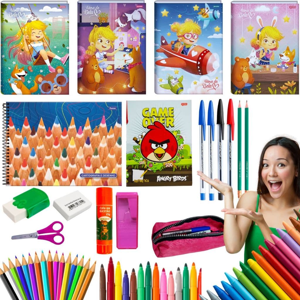 Kit Material Escolar Feminino Completo Material Estojo Escolar Menina Rosa 55 Itens