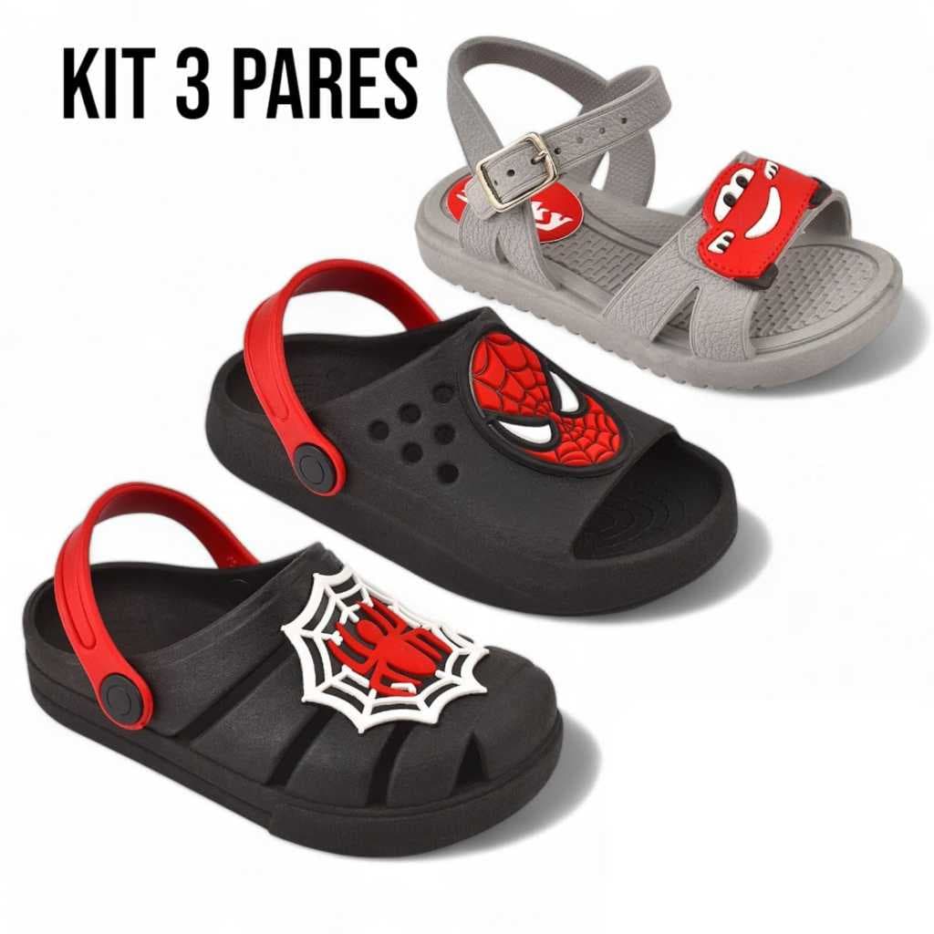 Kit 3 pares babuche,sandalia e slide infantil menino.Escolar.Drika Calçados.