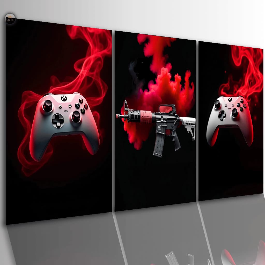 Quadros Decorativos Gamer FPS Controle Xbox e Rifle M4 Kit 3 Peças Quarto Sala