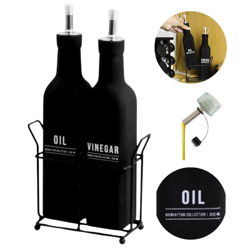 Conjunto Galheteiro Manhattan Azeiteiro e Vinagreiro Cozinha Tampas de Aço Inox Cozinha Pratica