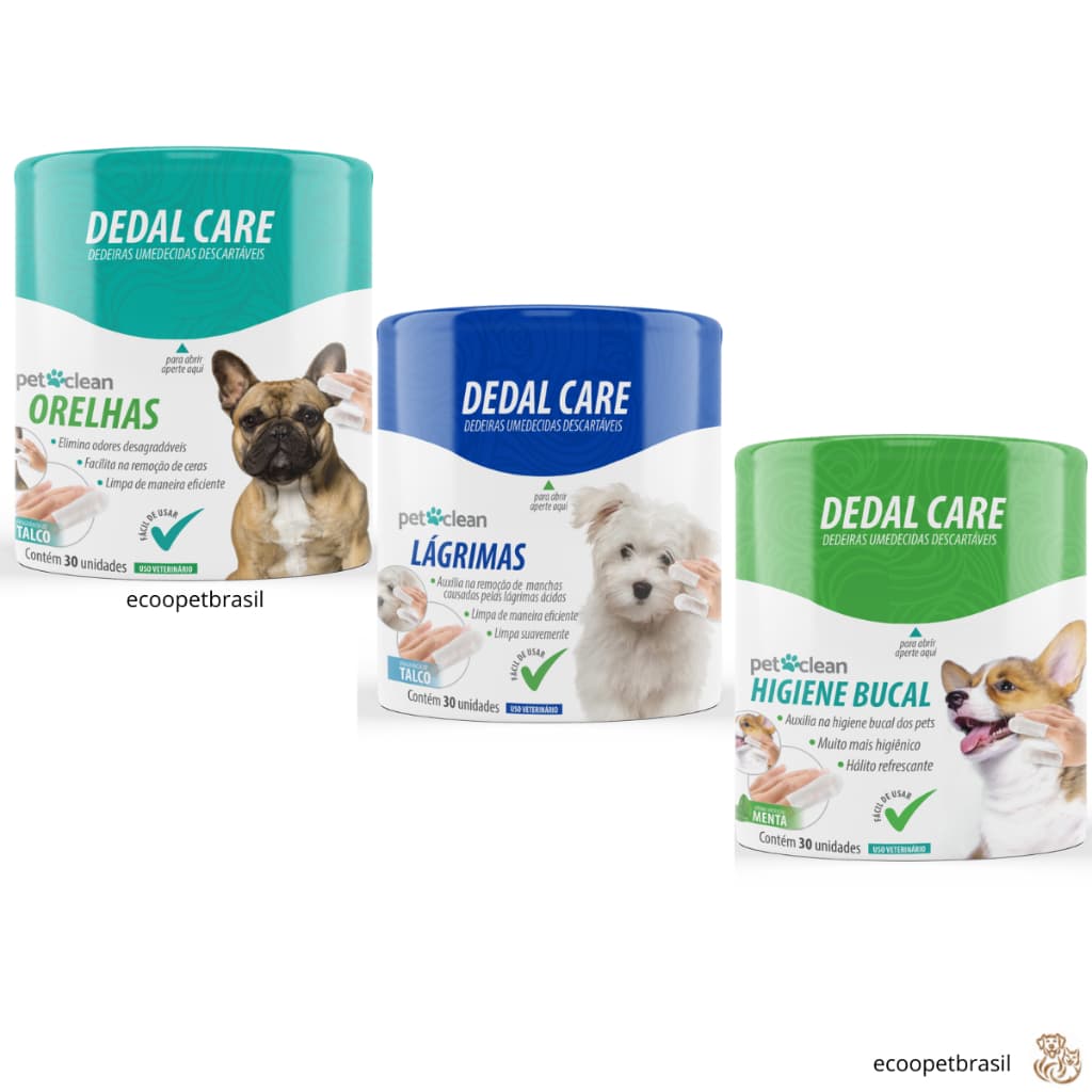 KIT Dedeiras Descartáveis Umedecidas Limpa Orelhas, Lágrimas e Higiene - Dedal Care Pet Clean