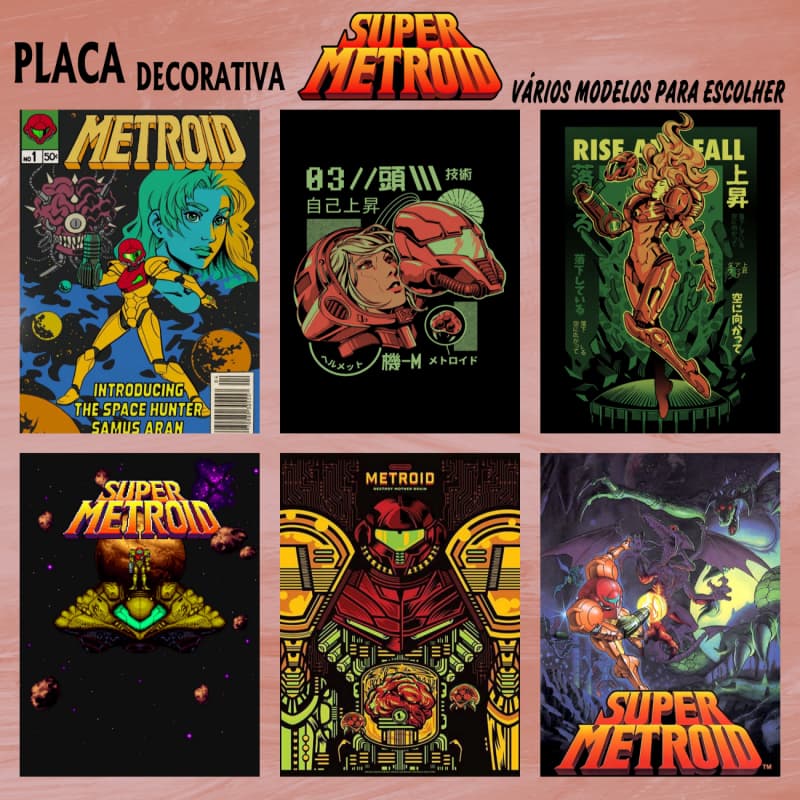 Kit Placas Decorativas Quadros Super Metroid Nintendo Switch Geek Decoração Quarto