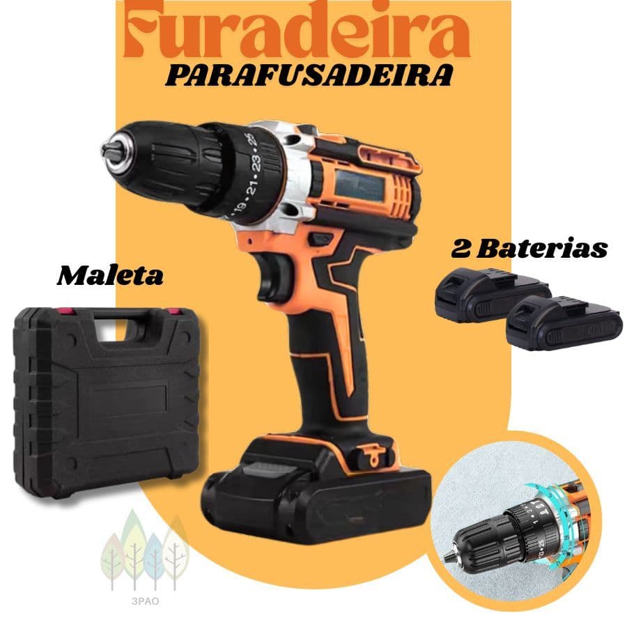 Furadeira Parafusadeira Sem Fio Impacto 21v ou 36v 2 Baterias Sem Fio Bivolt Completa com Maleta