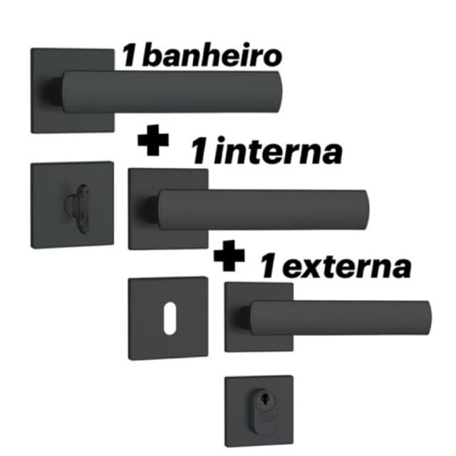 Kit Fechadura Externa + Fechadura Interna + Fechadura Banheiro Stam Preto fosco Roseta Quadrada