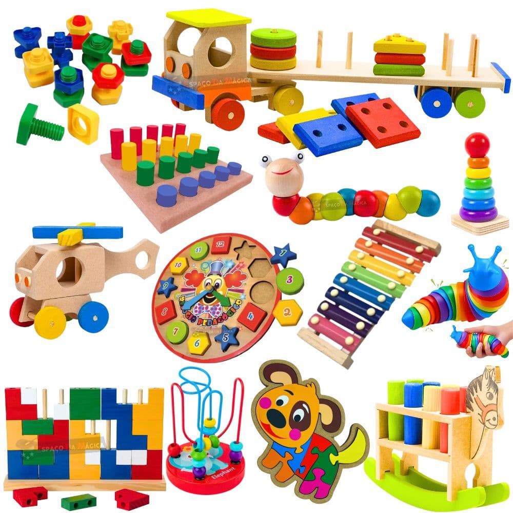 Brinquedos Educativos De Madeira 2 Anos - Kit 4 Peças Montessori e Pedagógico Infantil Criança Menino Menina Presente