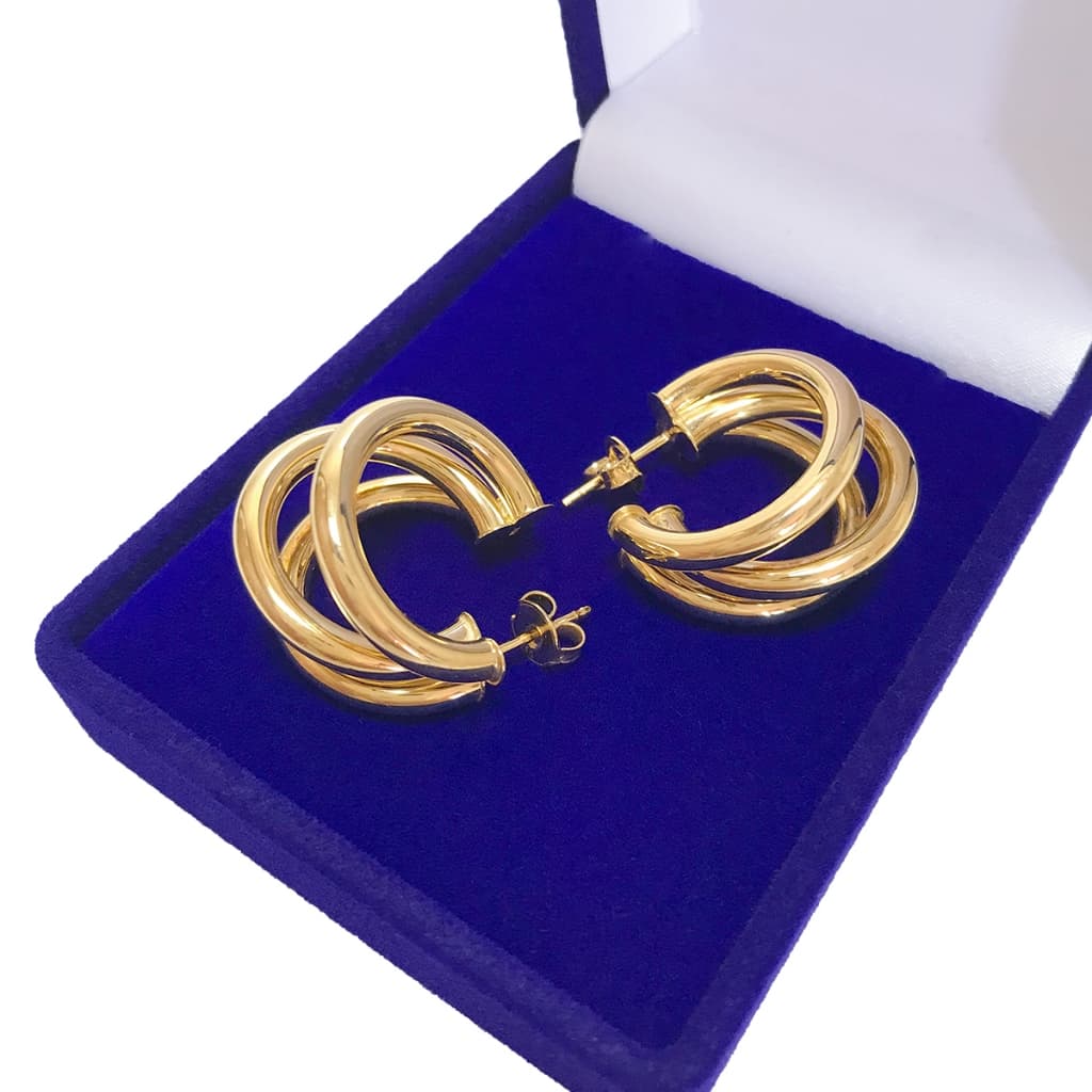 Brinco Feminino Argola Tripla Tubo 23mm Ouro 18k 750 Legítimo Acompanha Estojo e Certificado