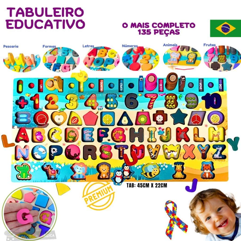 Brinquedo Didático Pedagógico Tabuleiro Montessori Madeira Educativo 2 Anos 3 Anos  4 Anos Alfabetização Autismo