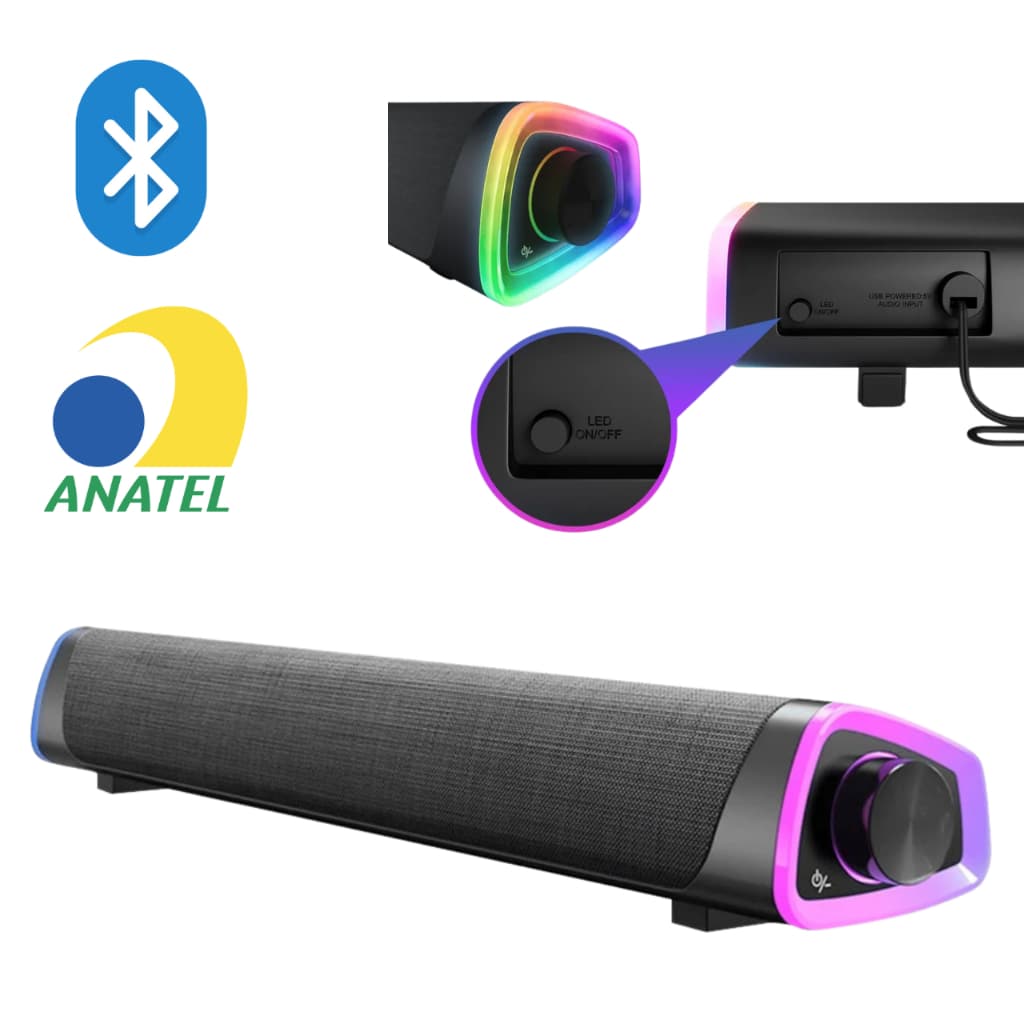Soundbar Caixa De Som Gamer Bluetooth 5.0 RGB 12W PC Computador Notebook TV Controle De Som