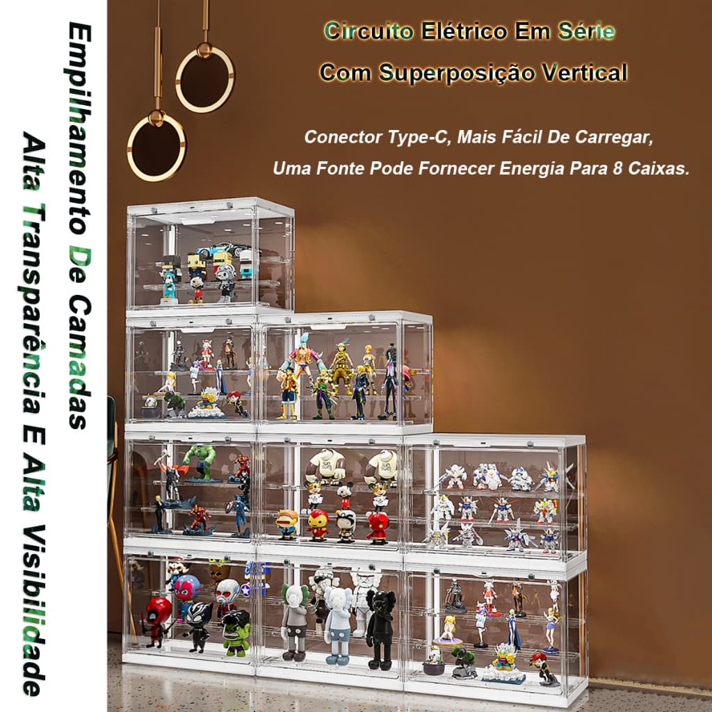 Vitrine para Colecionadores 6 LEDs Controlados por Voz Fechamento Magnético Resistente a Umidade e Poeira