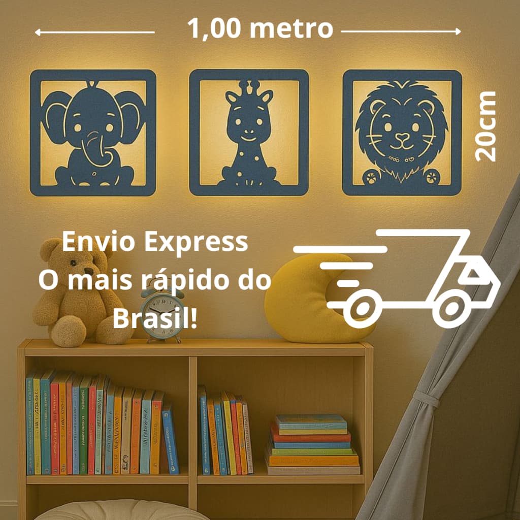 KIT COM 3 Luminárias Safari Baby MDF 50x17 de parede – Luz Suave e Design Divertido!