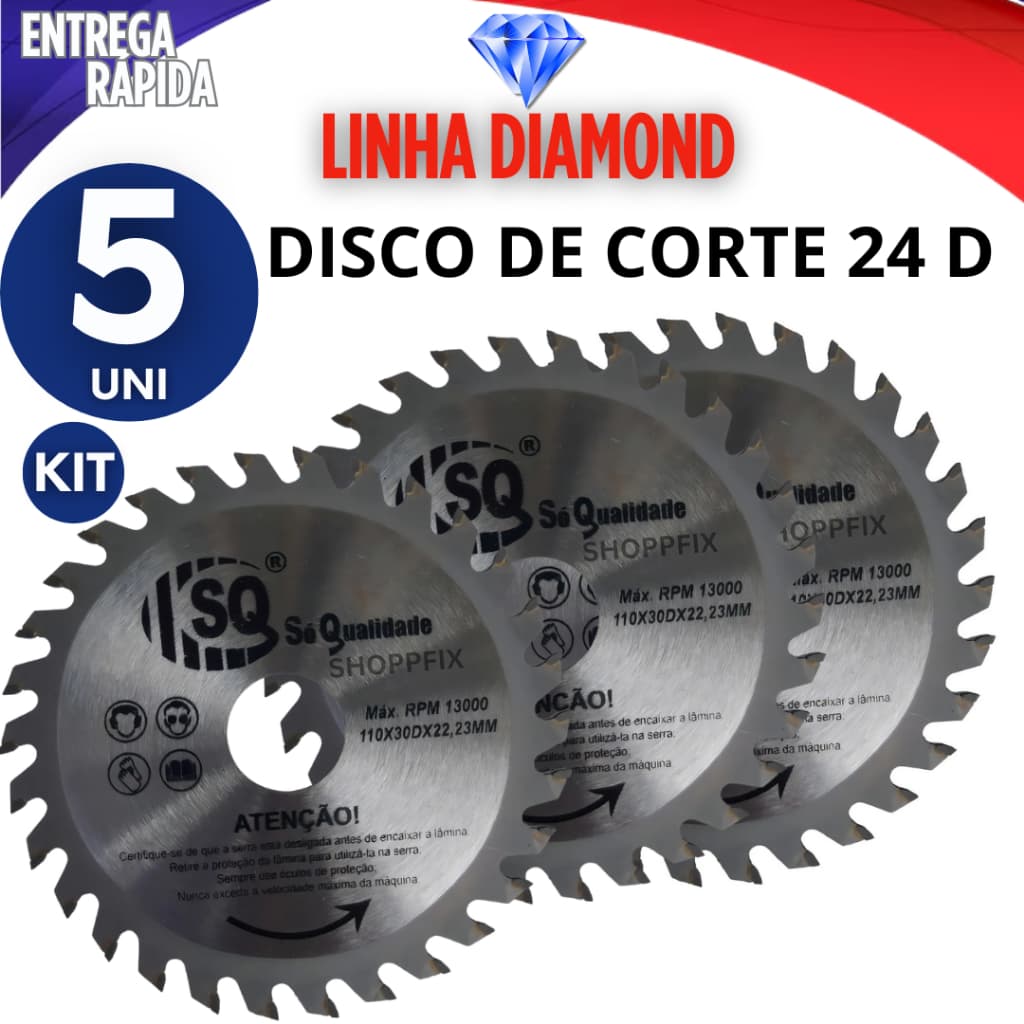 COMBO 5 DISCOS DE CORTE MADEIRA 24 DENTES SERRA CIRCULAR MARCENEIRO PEDREIRO CONSTRUTOR