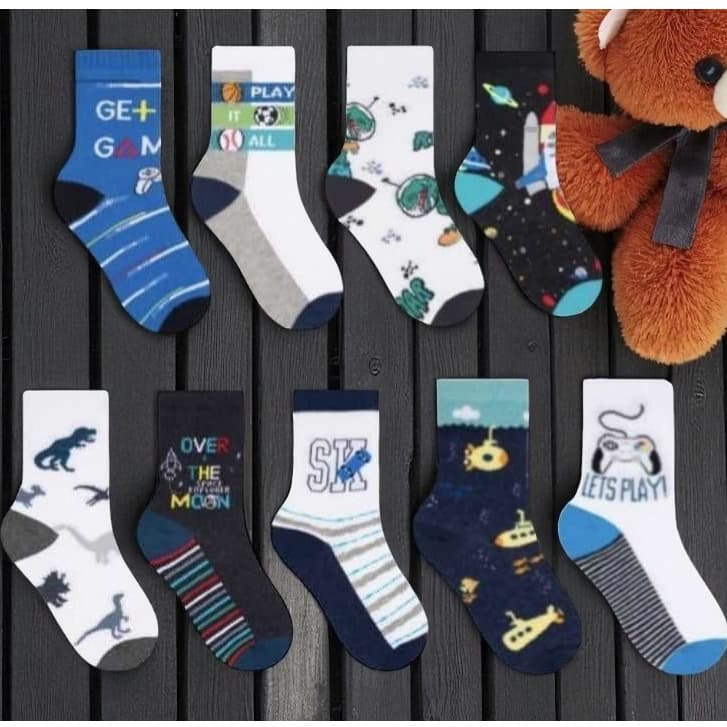 Kit ate 12 Pares De Meias Infantis Masculino Menino Criança  Estampadas Cano Médio Voltas as Aulas
